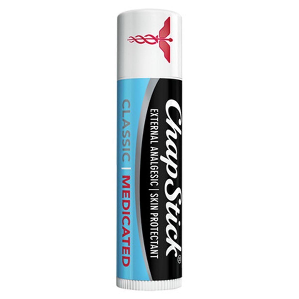 ChapStick Classic Medicated lip balm tube closeup highlighting cooling menthol and camphor.