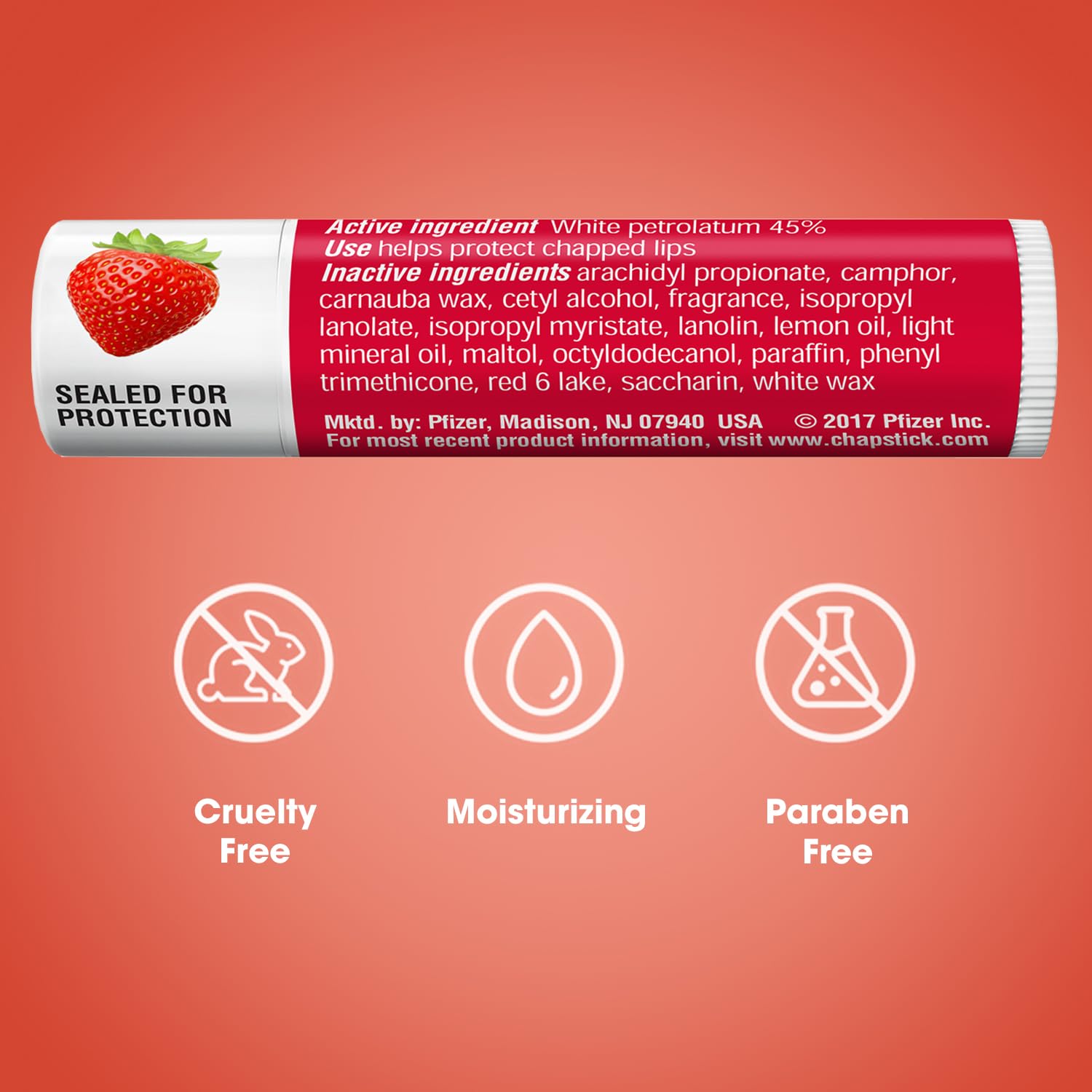 ChapStick Classic Strawberry lip balm brand logo close-up reinforces trusted lip care