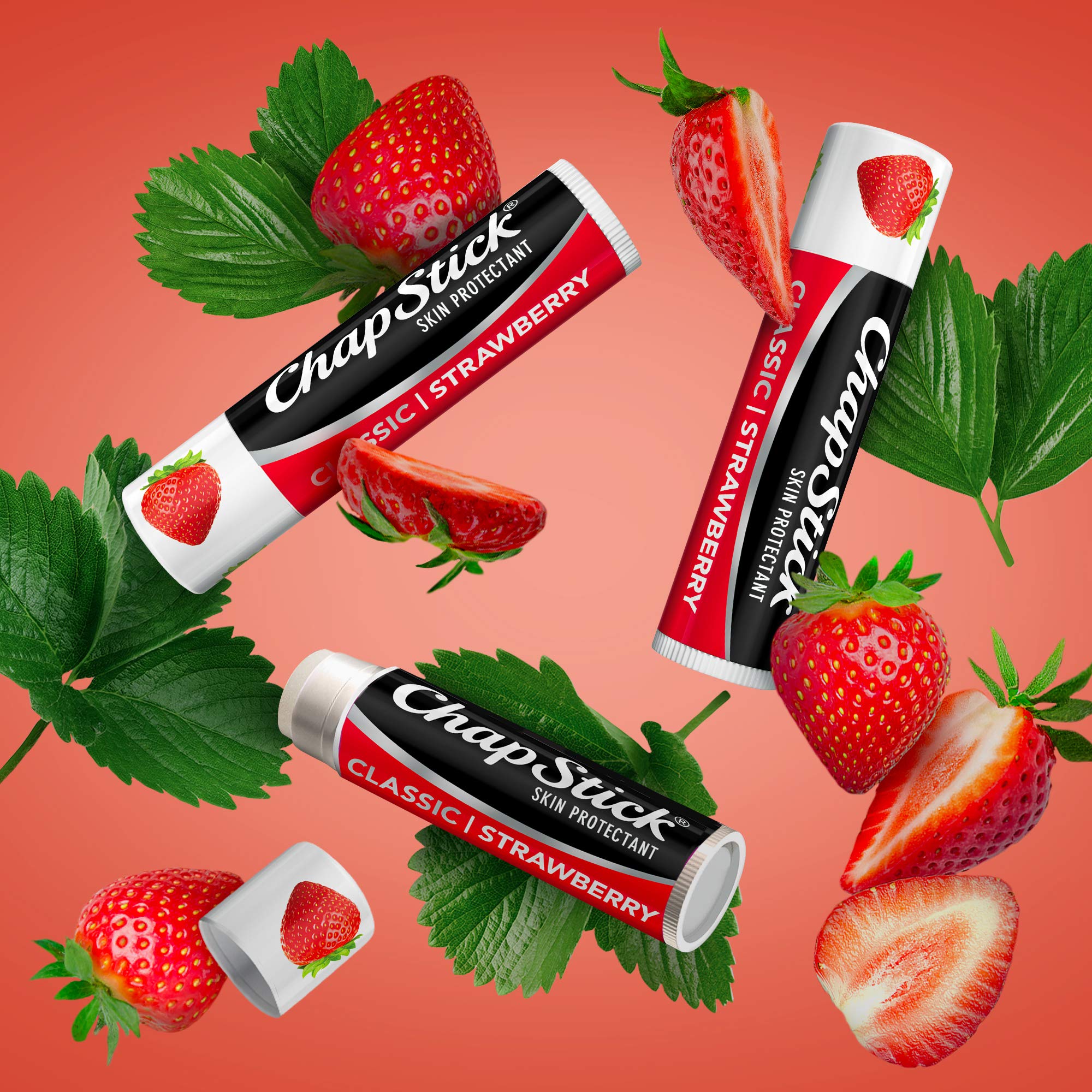 ChapStick Classic Strawberry lip balm on lips with natural tint