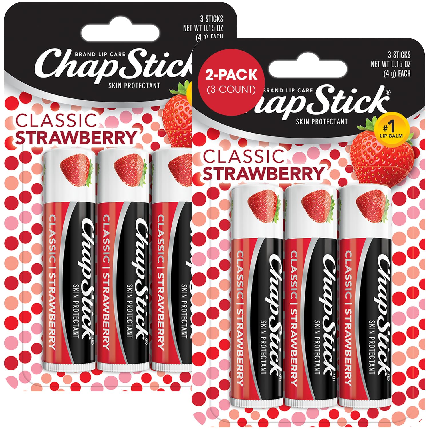 ChapStick Classic Strawberry lip balm packaging shows portable six-pack for on-the-go moisture