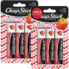 ChapStick Classic Strawberry lip balm packaging shows portable six-pack for on-the-go moisture