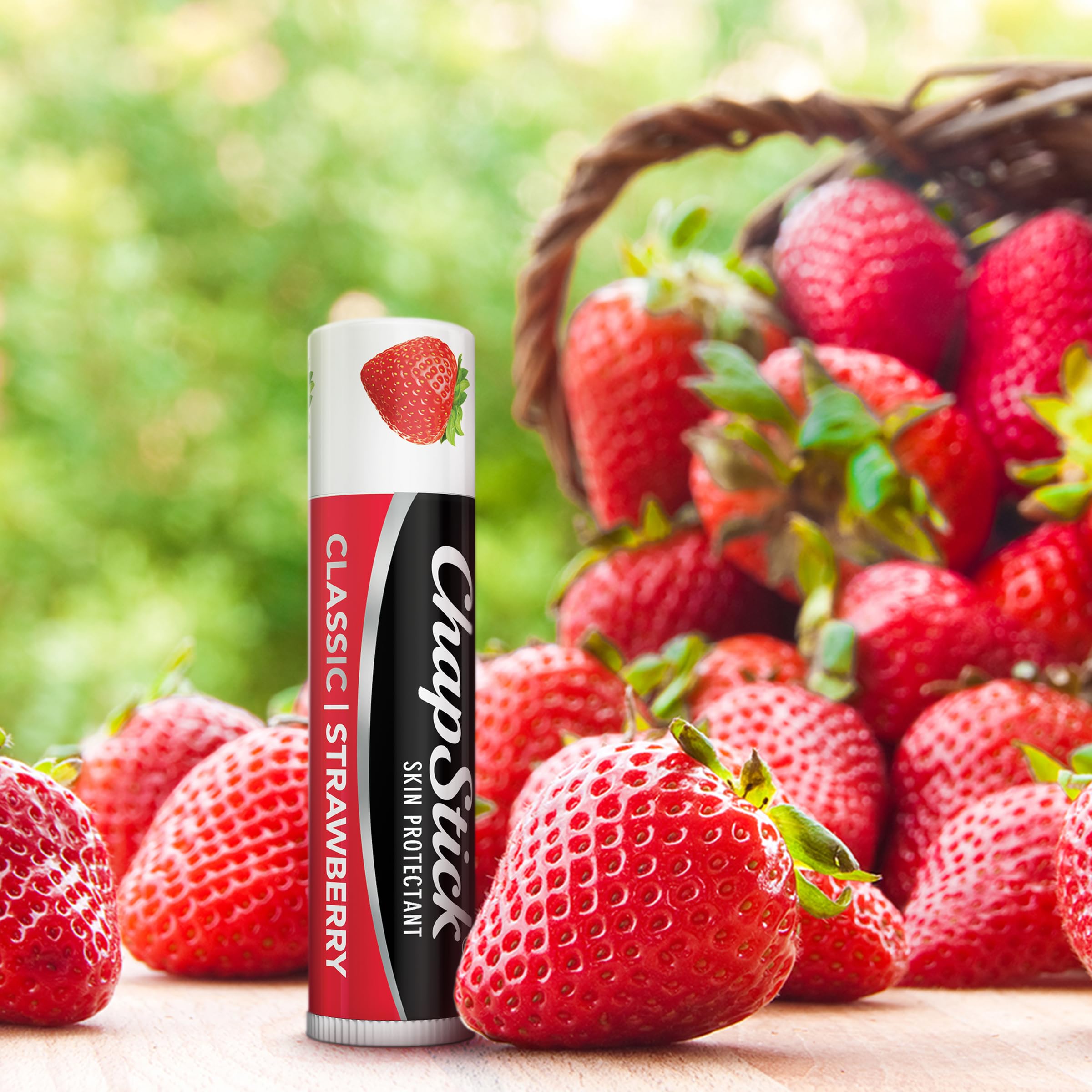 ChapStick Classic Strawberry lip balm swirl demonstrating color and shine