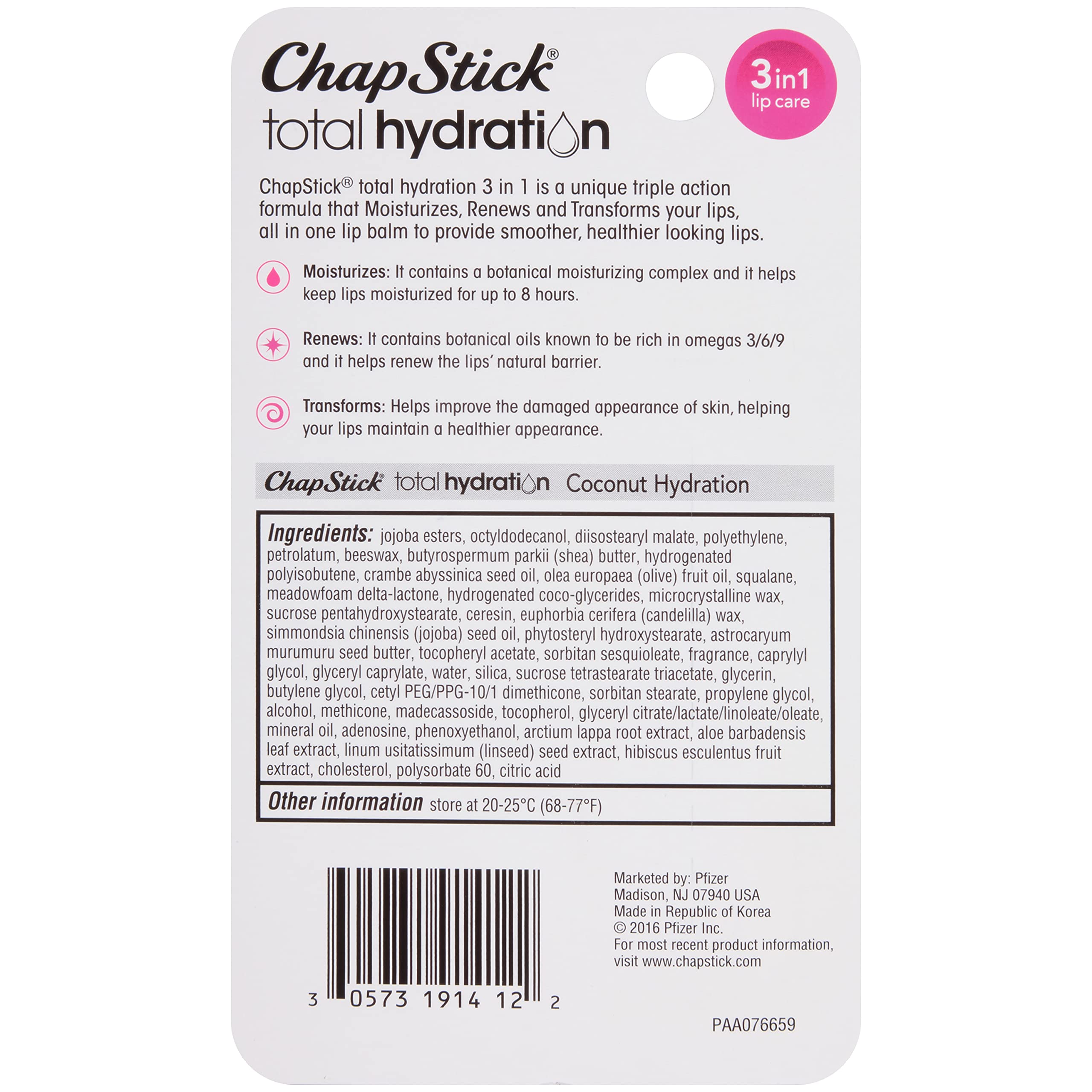 ChapStick Total Hydration Coconut Lip Balm Madecassoside; soothing botanical ingredient supports comfortable lips.