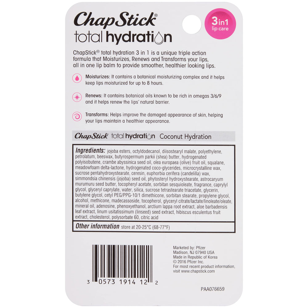ChapStick Total Hydration Coconut Lip Balm Madecassoside; soothing botanical ingredient supports comfortable lips.