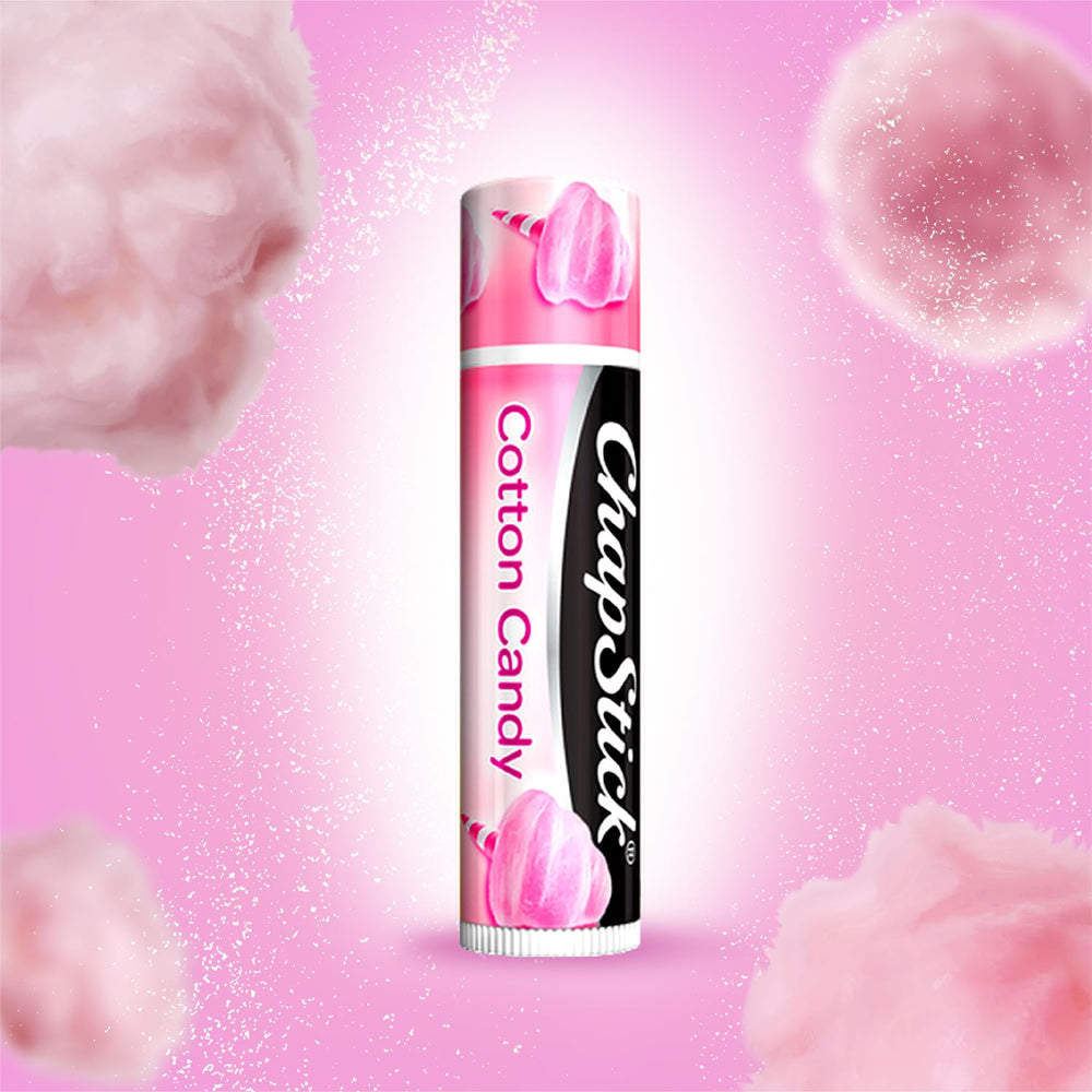 ChapStick Cotton Candy label close-up highlights flavor and paraben-free formula