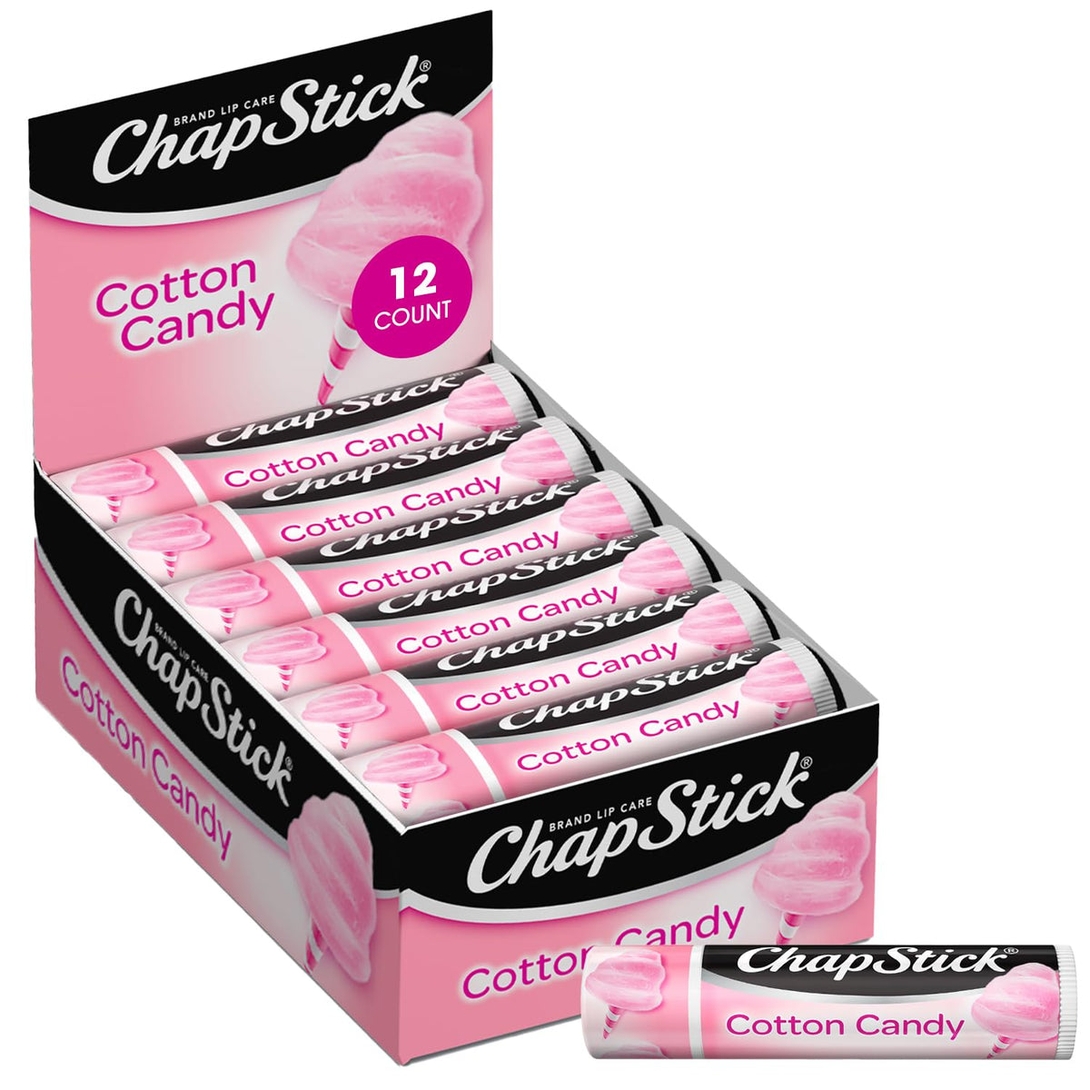 ChapStick Cotton Candy tube front showing flavor and compact on-the-go moisture