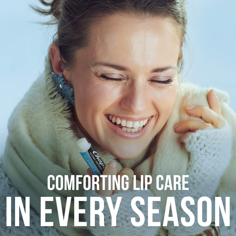 ChapStick lip care on the go in winter keeps lips comfortable.