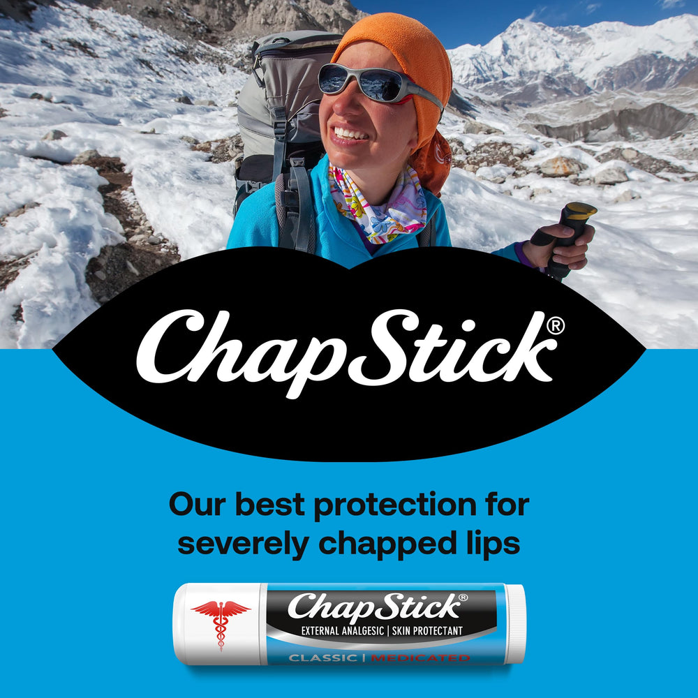 ChapStick Medicated Lip Balm 4-Pack tubes ready for on-the-go hydration.