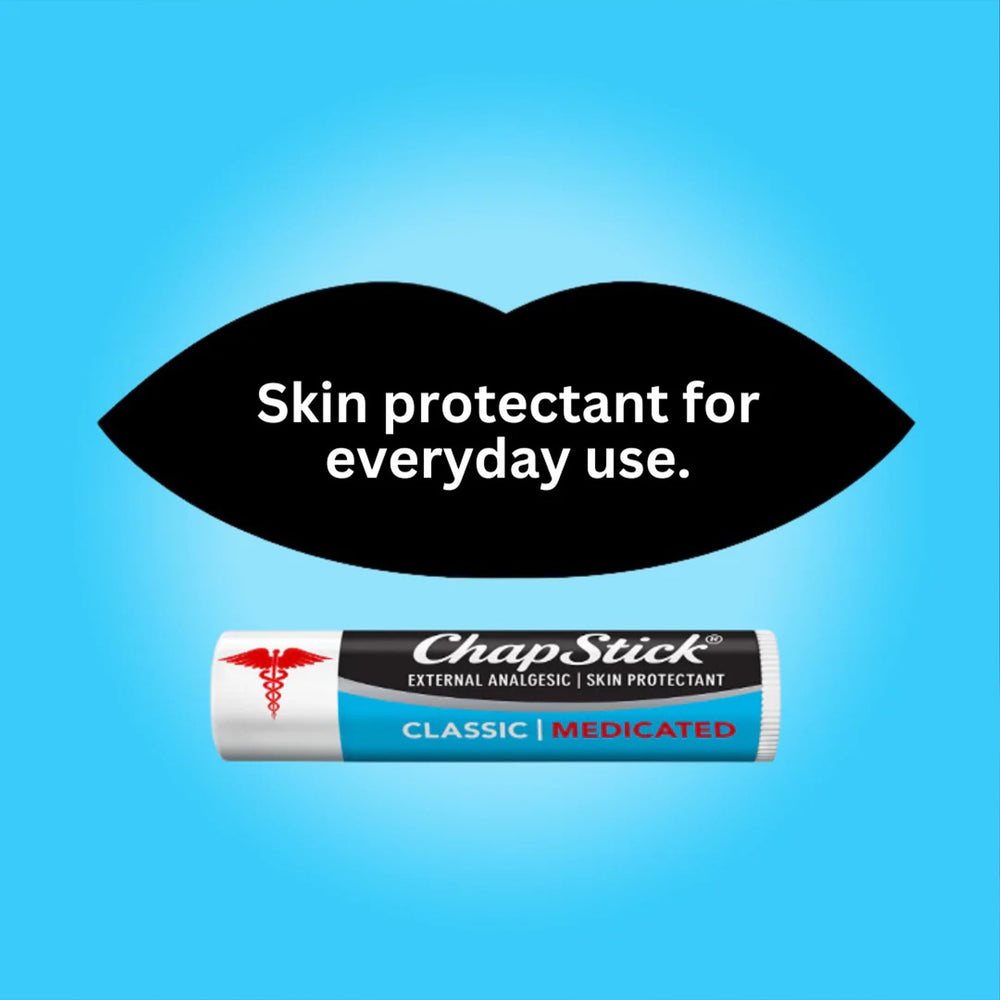 ChapStick Medicated Lip Balm featuring phenol for skin protectant support.