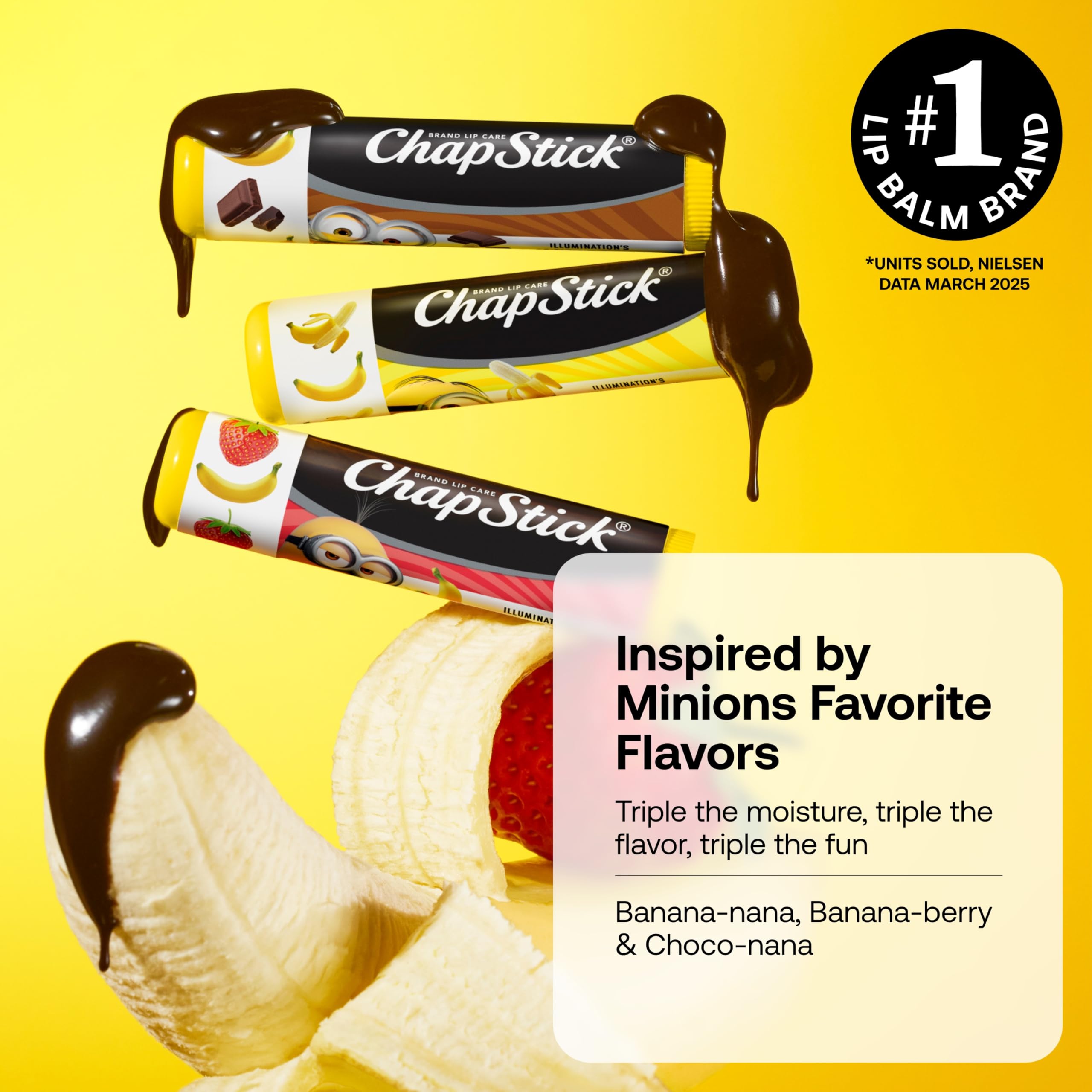 ChapStick Minions Banana-Berry stick offers fruity flavor and soft lips.