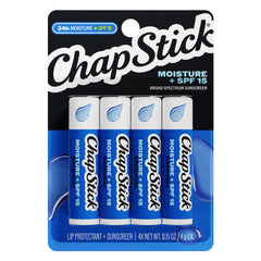 ChapStick front packaging showing SPF 15 and 4-pack for daily protection
