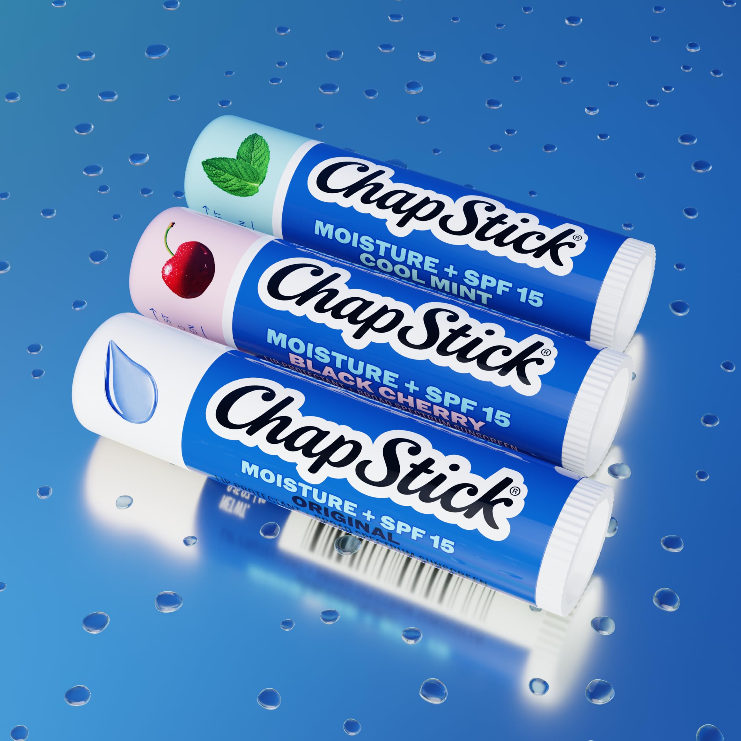 ChapStick with water droplets to illustrate water-resistant up to 80 minutes