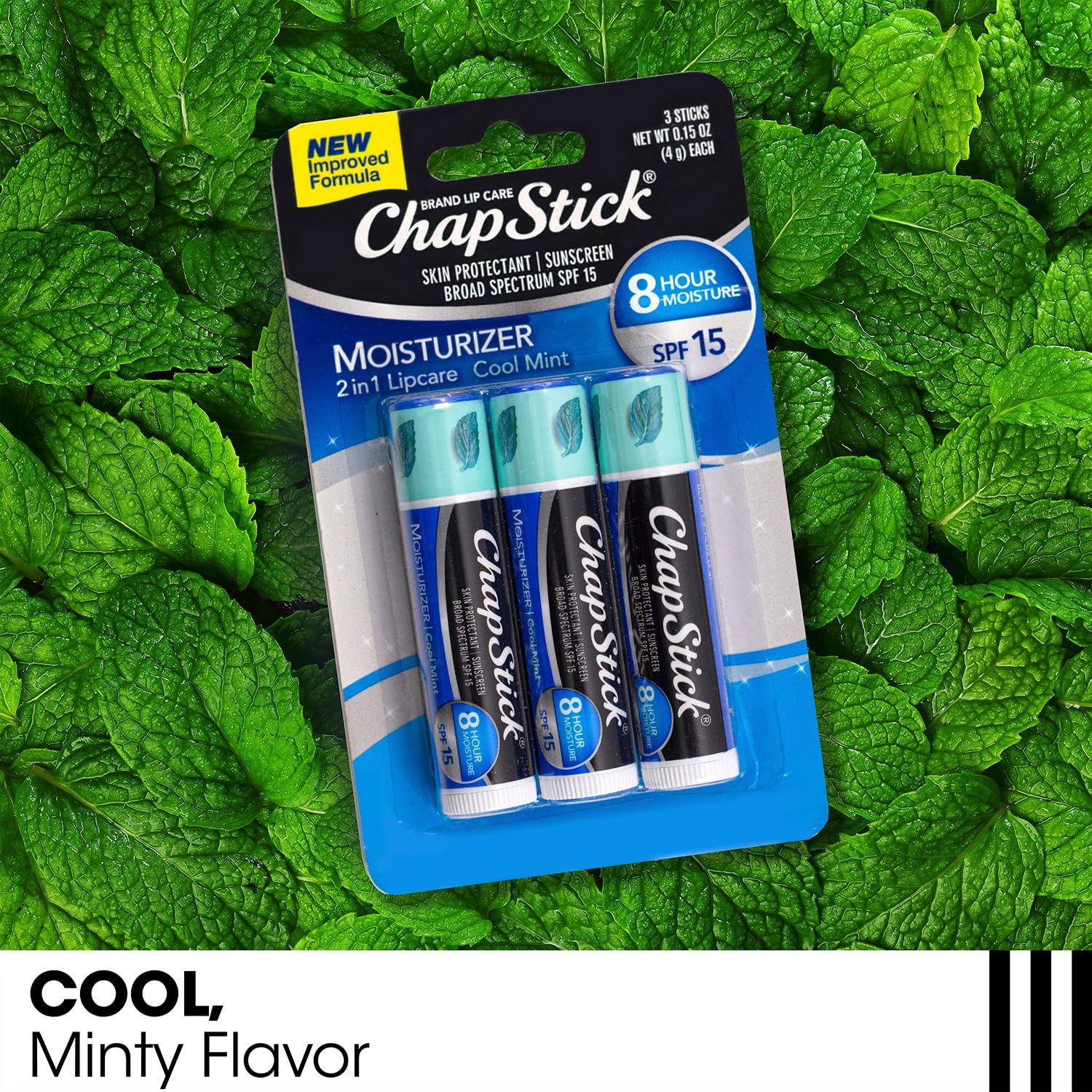 ChapStick Moisturizer 2-in-1 Cool Mint tube closeup refreshing lips