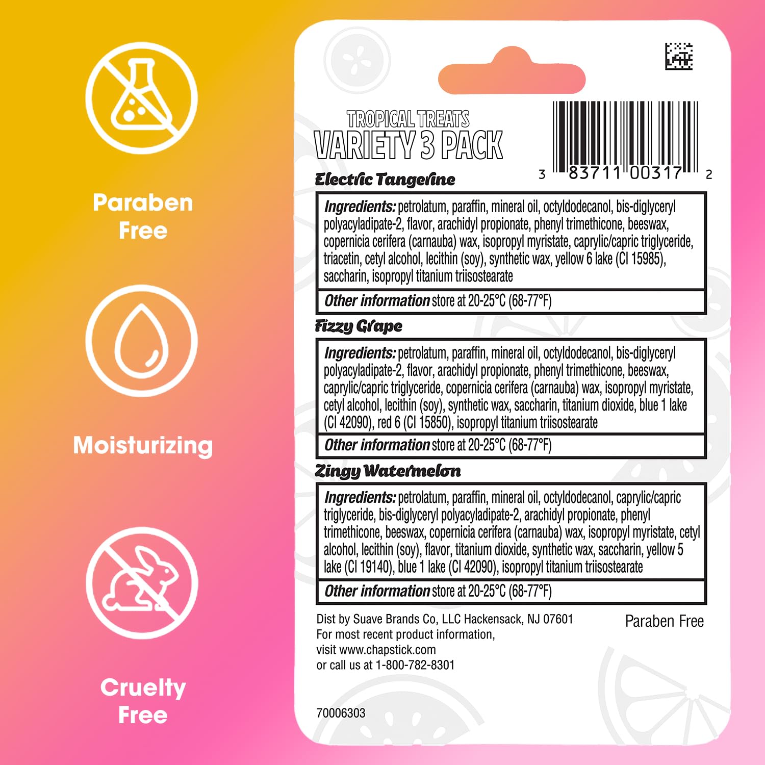 ChapStick nine-stick pack label highlights three tropical flavors.