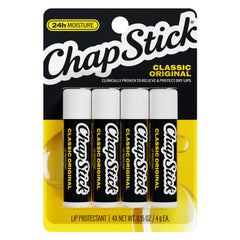 ChapStick Original front packaging showing four sticks and portability benefit