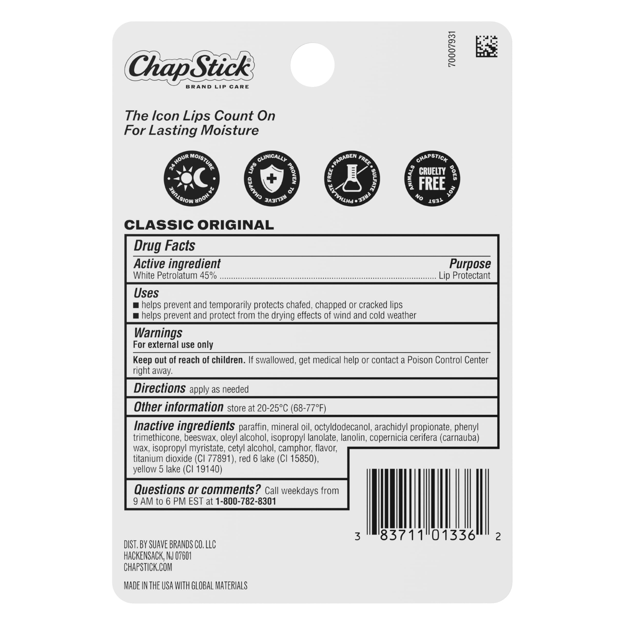 Label detail on ChapStick Original emphasizing simple, familiar formula