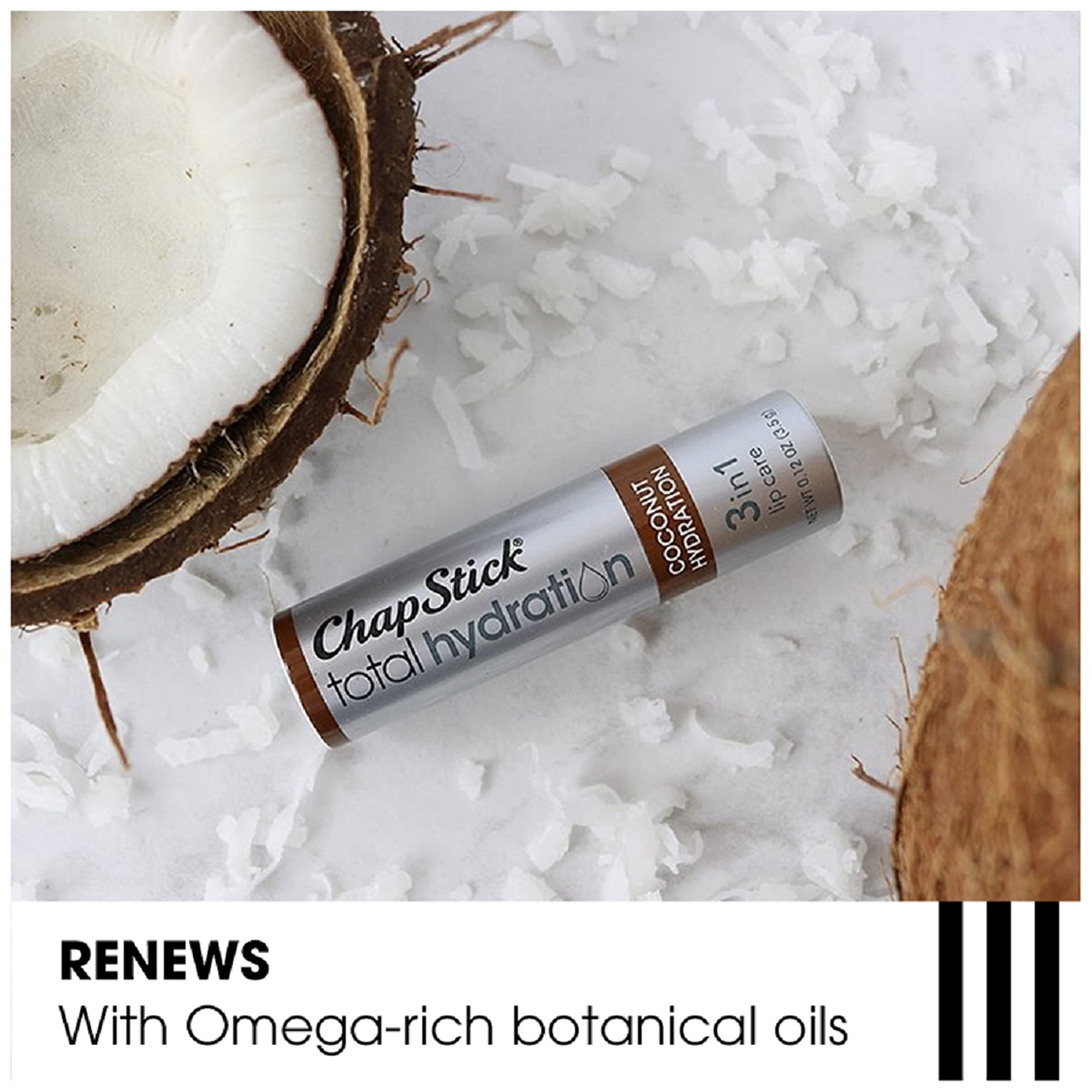 ChapStick Total Hydration Coconut Lip Balm in desk drawer; easy access for daily lip care.