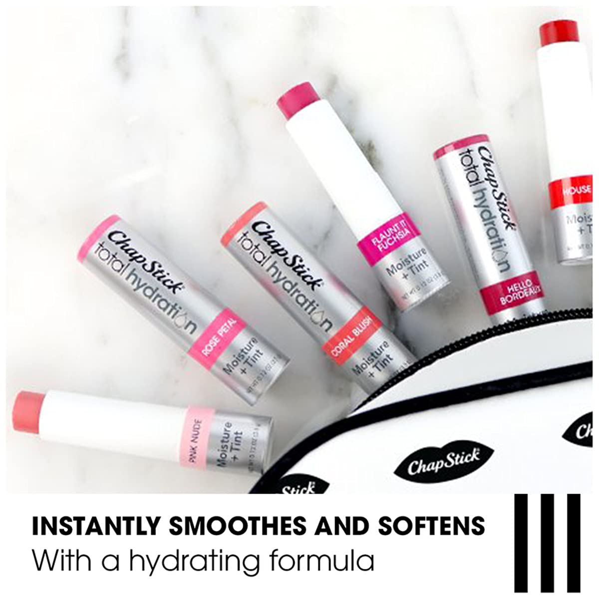 ChapStick Total Hydration Tint Coral Blush close-up highlights rosehip and jojoba oil benefits.