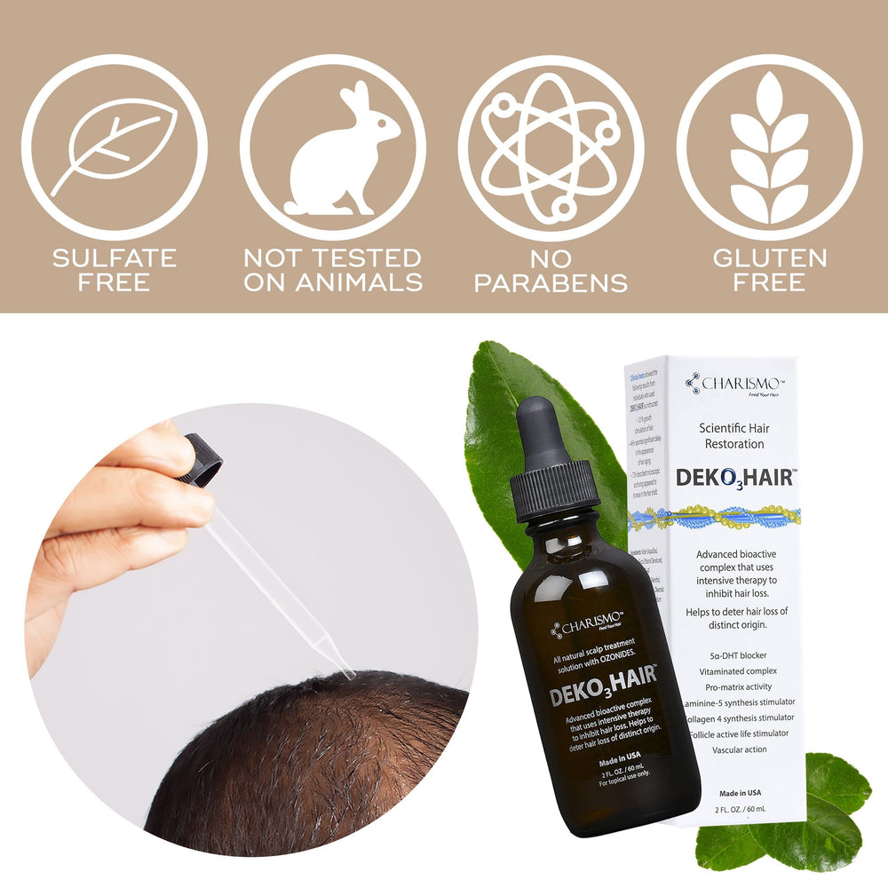 Charismo USA Dekohair serum label close-up with usage hints and benefits.