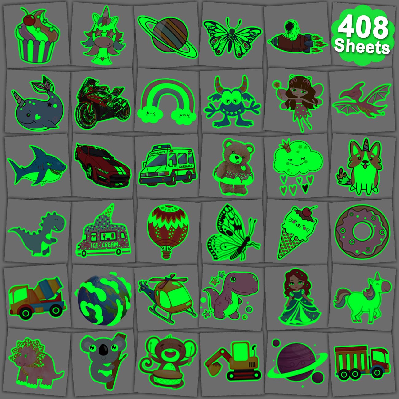 CHARLENT 408-pcs glow tattoos party pack for colorful party favors.