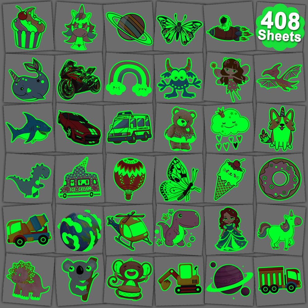 CHARLENT 408-pcs glow tattoos party pack for colorful party favors.