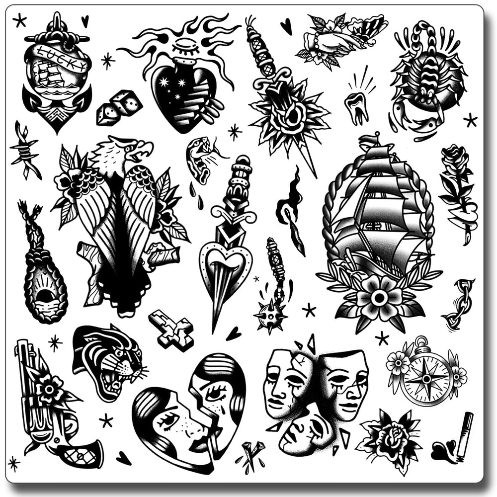 CHARLENT black old-school tattoos sheets show timeless designs for quick, painless body art