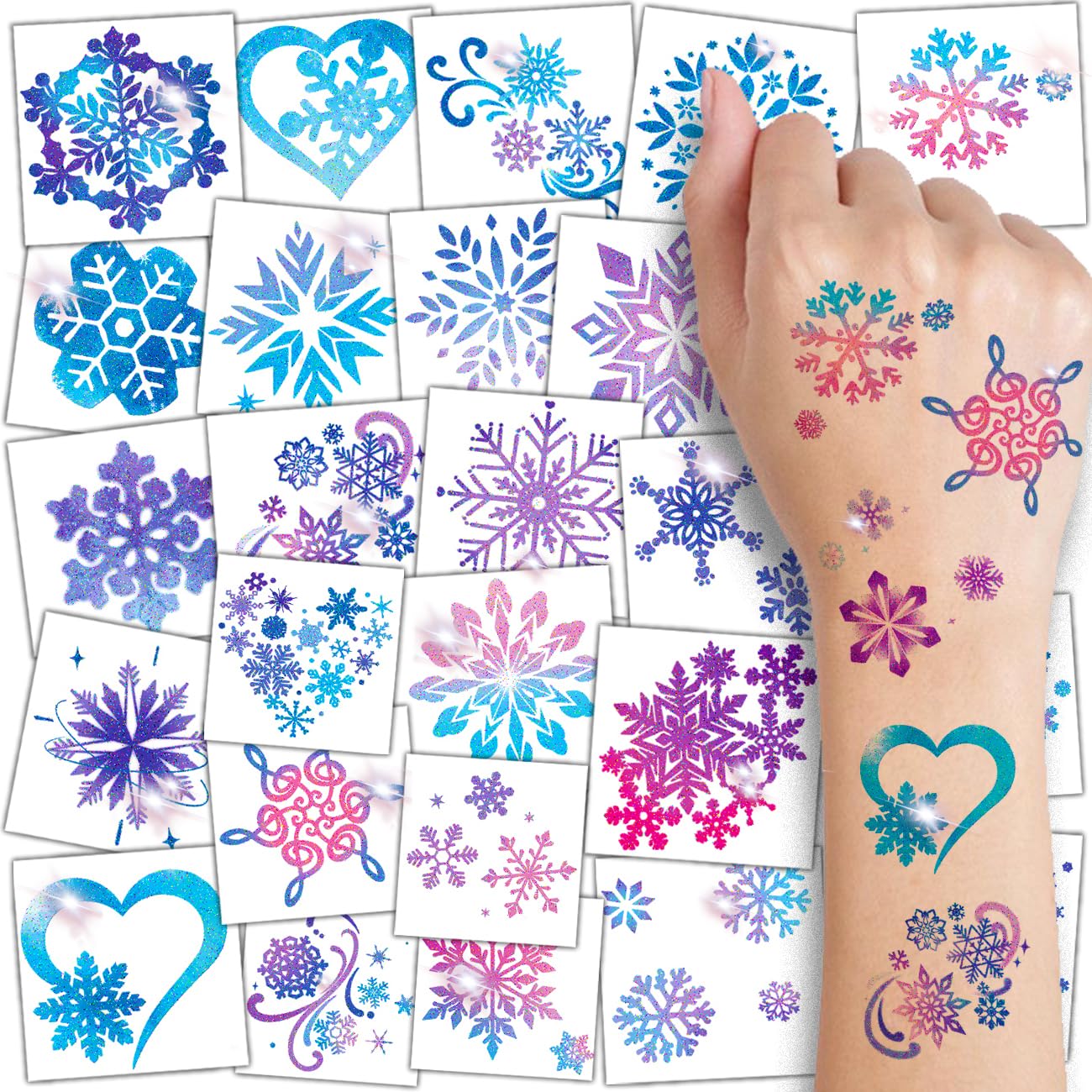 CHARLENT glitter snowflake tattoos for kids—radiant designs for winter party looks.