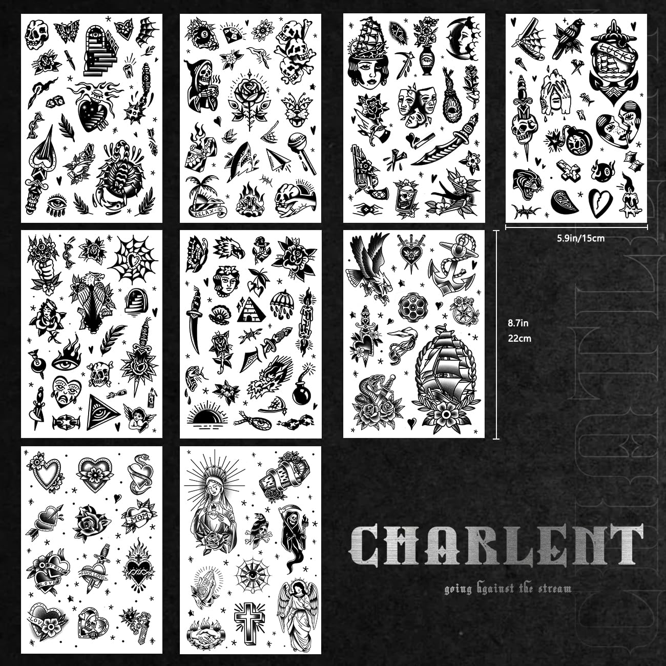 CHARLENT vintage american tattoo designs highlight classic motifs for festival-ready temporary ink
