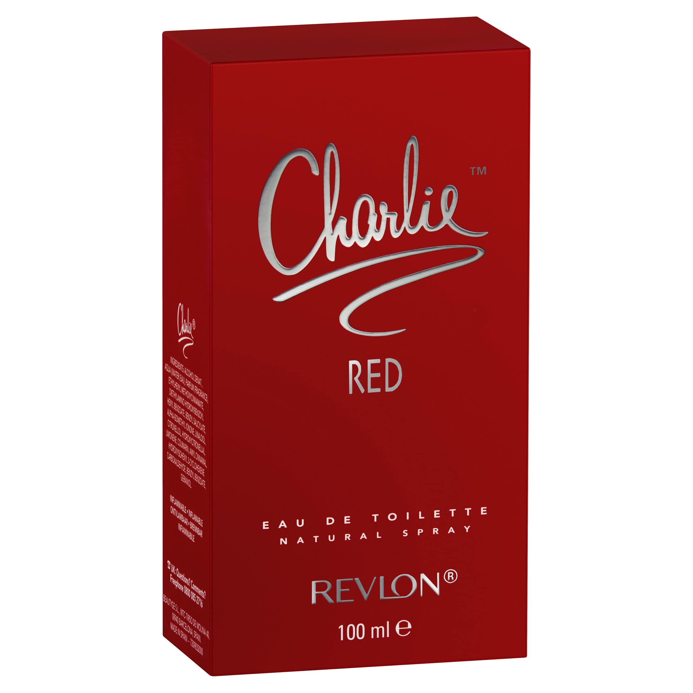 Charlie Red by Revlon close-up shows textured glass and elegant atomizer design.