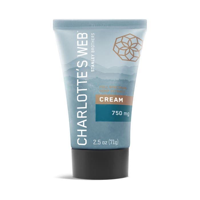 Charlotte's Web unscented hemp cream bottle provides deep hydration for dry skin.