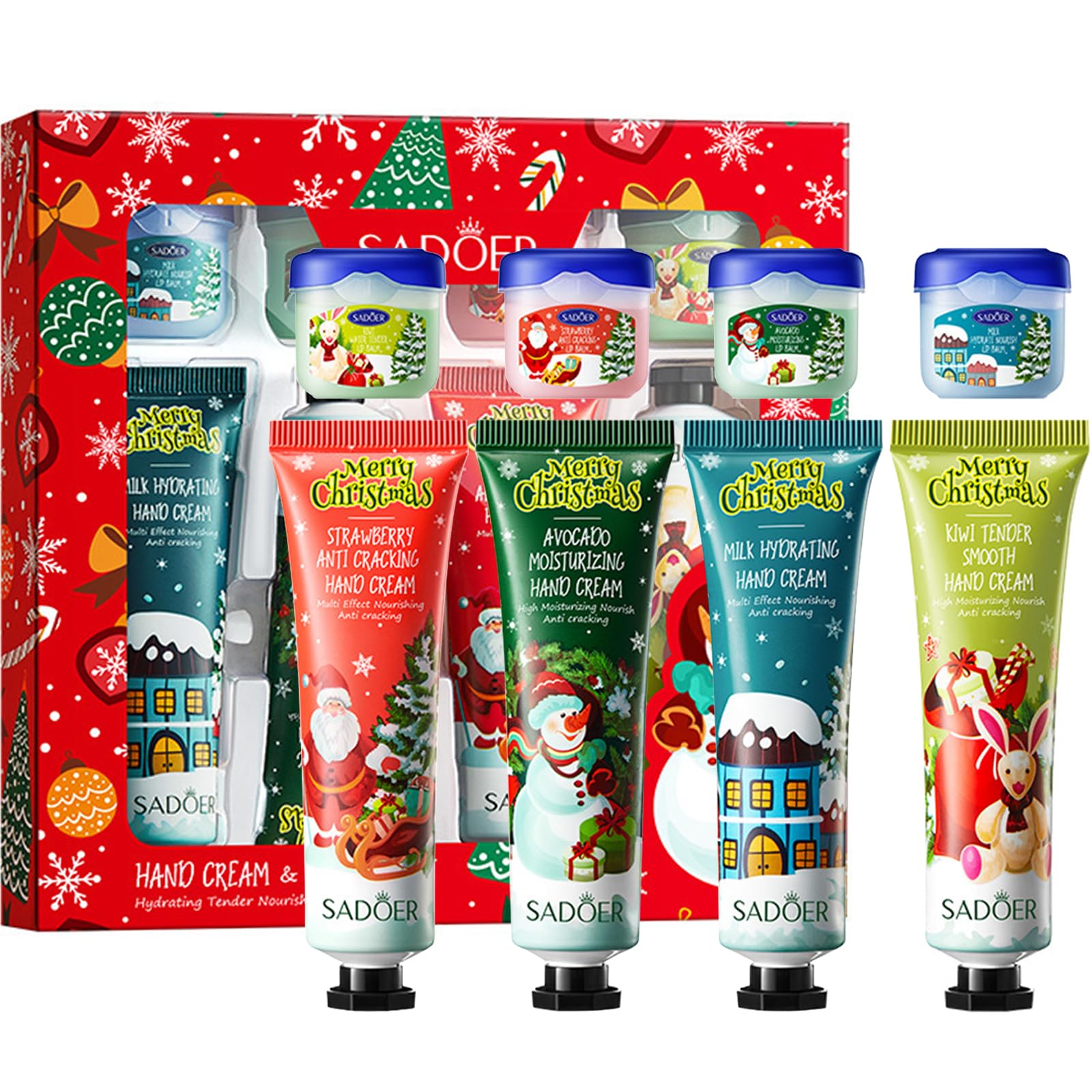 Charm Kiss 8Pcs Christmas Gift Set festive packaging for hand cream and lip balm, daily care gift