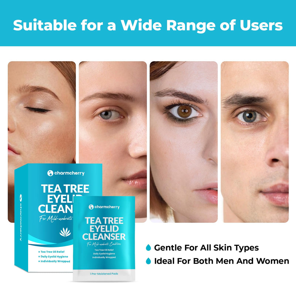 CharmCherry Tea Tree Eyelid Wipes in use along the lash line for daily cleansing
