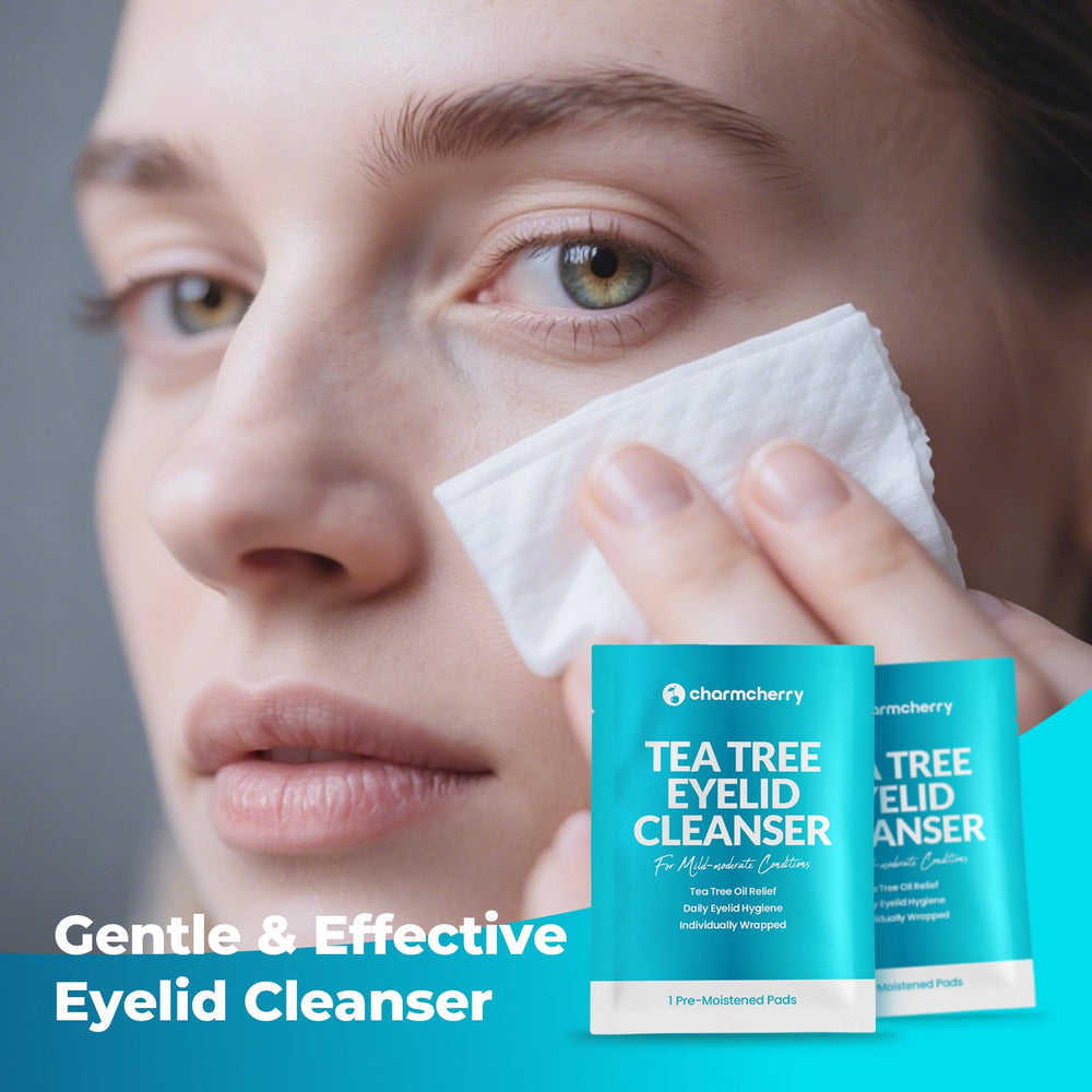 CharmCherry Tea Tree Eyelid Wipes close-up showing wipe texture for gentle cleansing