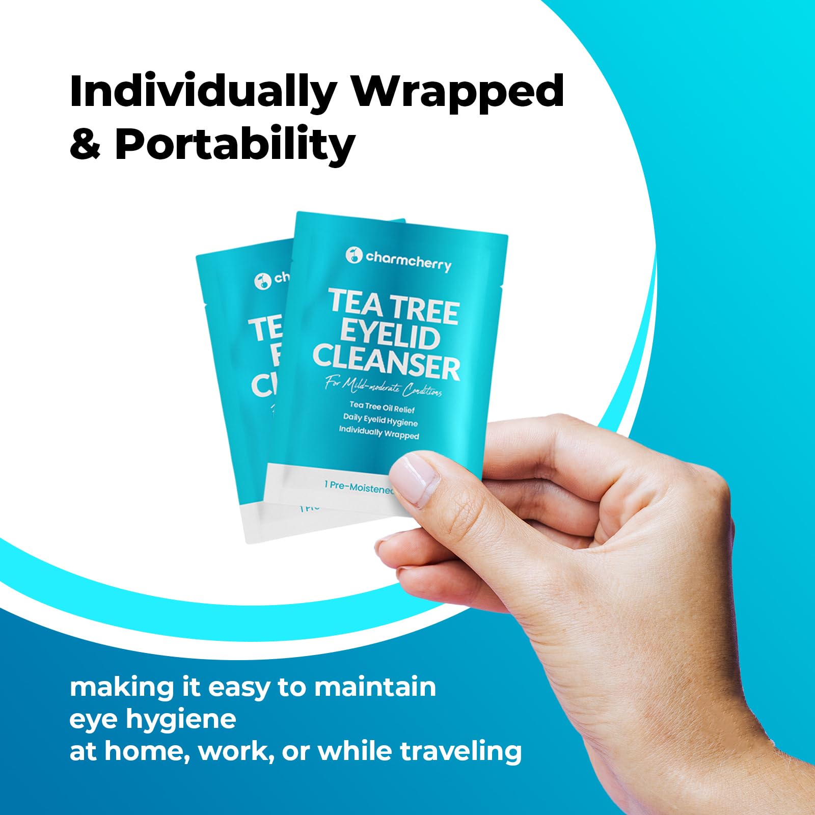 CharmCherry Tea Tree Eyelid Wipes individually wrapped for freshness