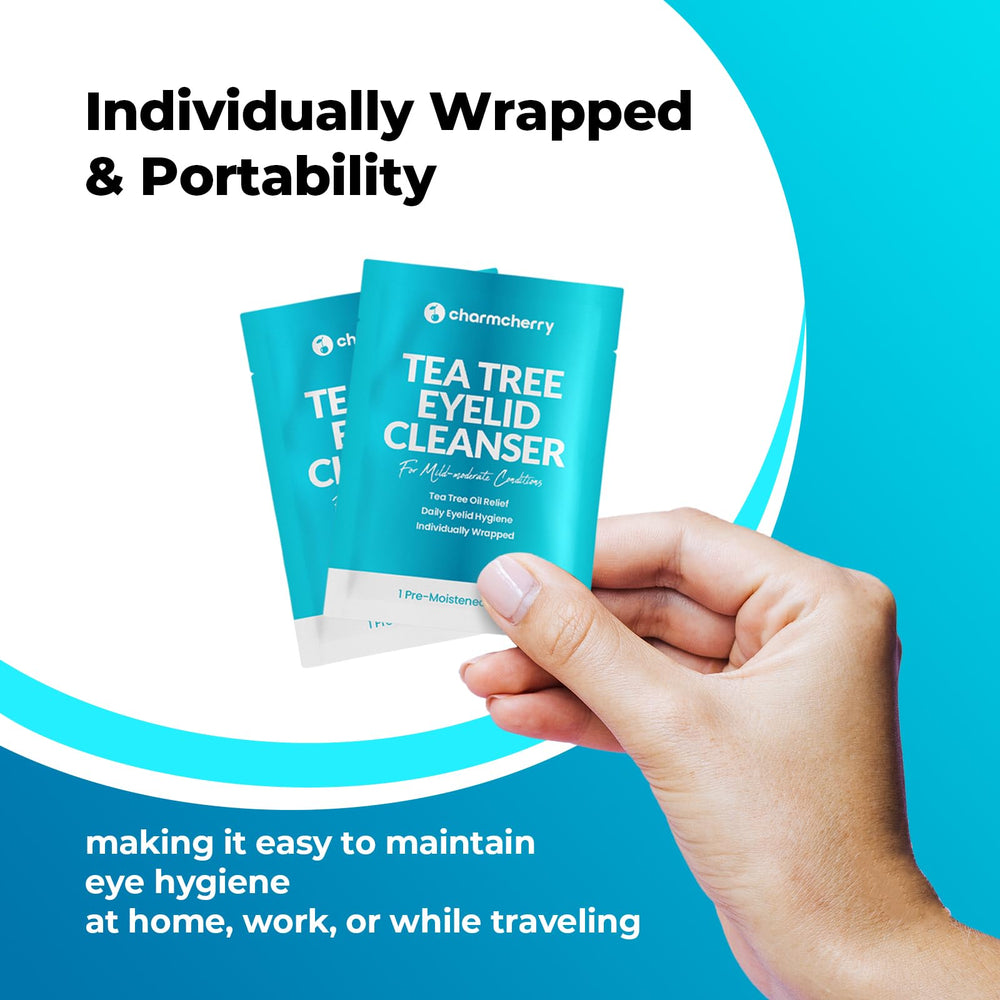 CharmCherry Tea Tree Eyelid Wipes individually wrapped for freshness