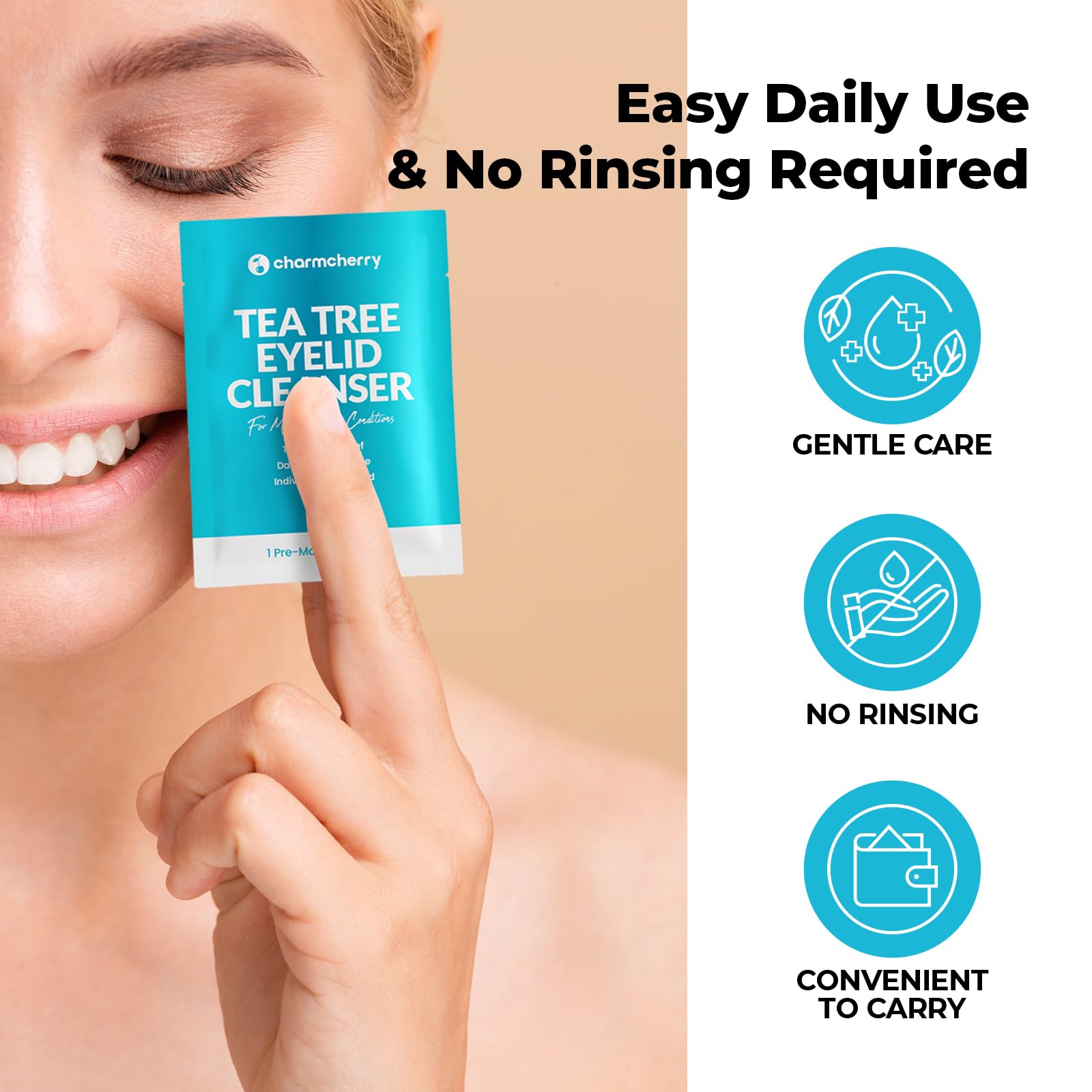 CharmCherry Tea Tree Eyelid Wipes travel pack for on-the-go hygiene