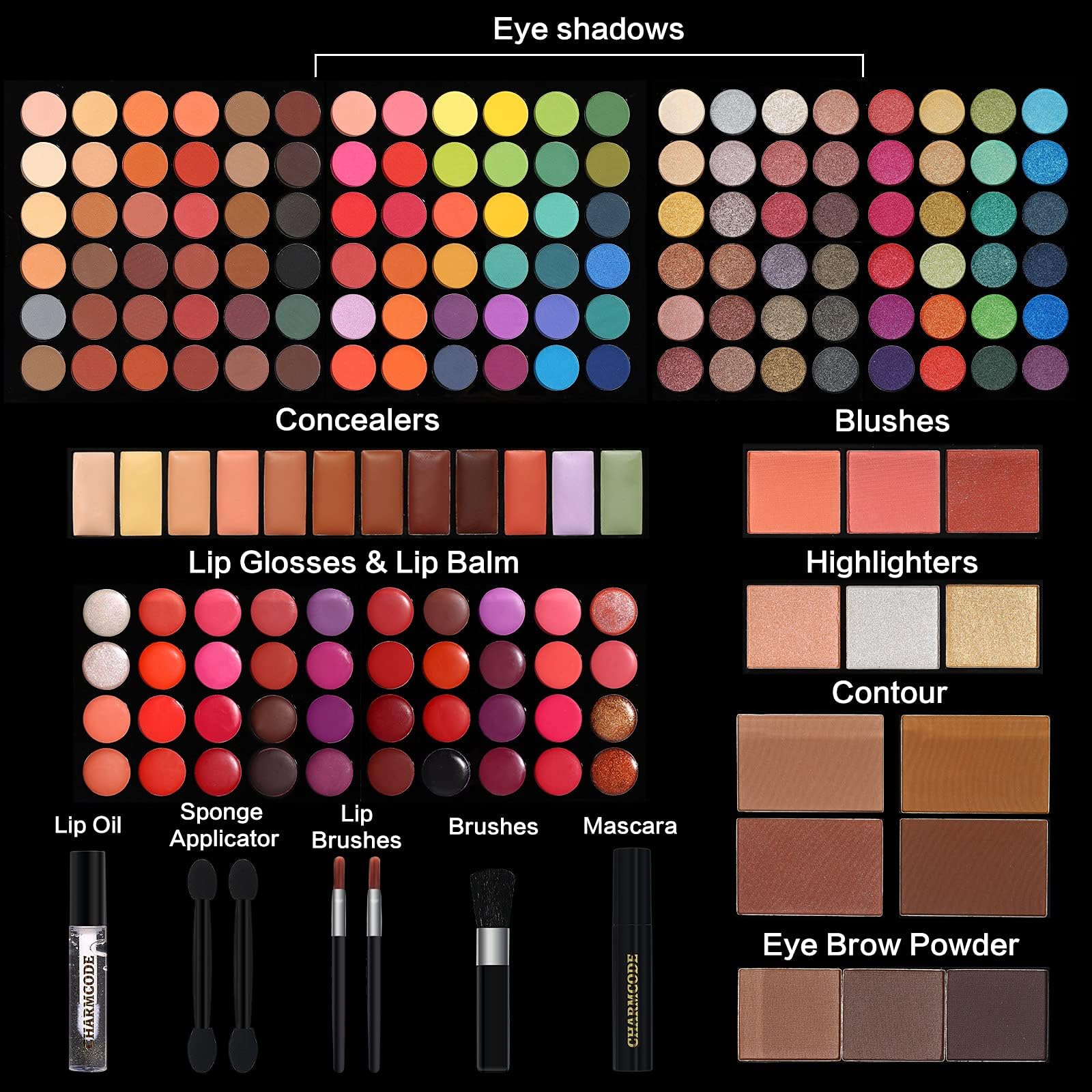 Charmcode eyeshadow palette swatches highlight rich matte and shimmer shades