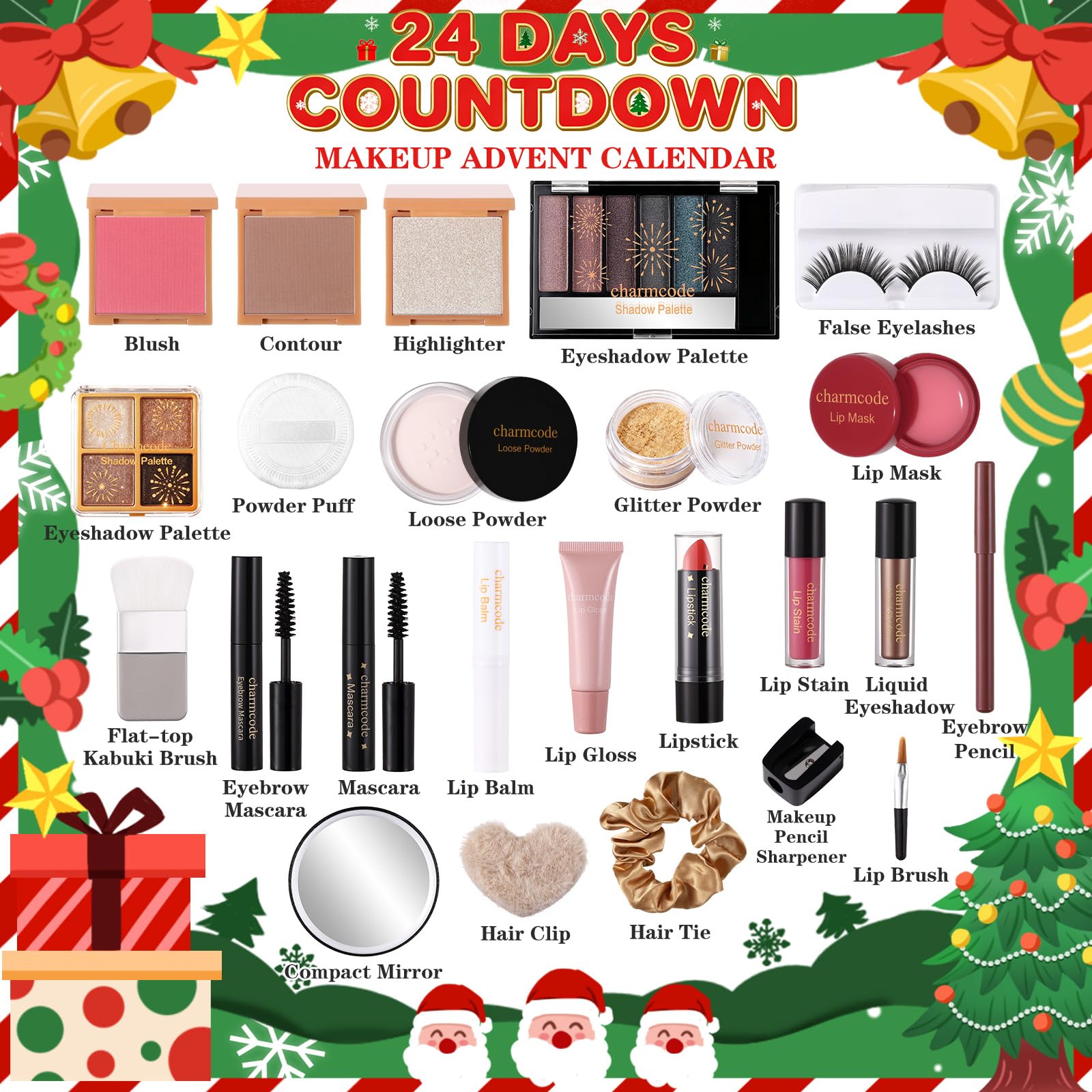 CHARMCODE advent calendar window surprises closeup highlighting hidden cosmetics behind numbers.