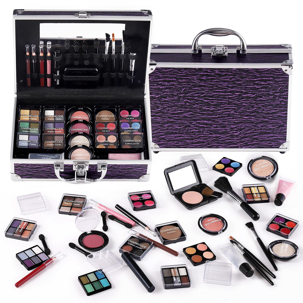 CHARMCODE makeup kit in purple train case, portable all-in-one beauty solution