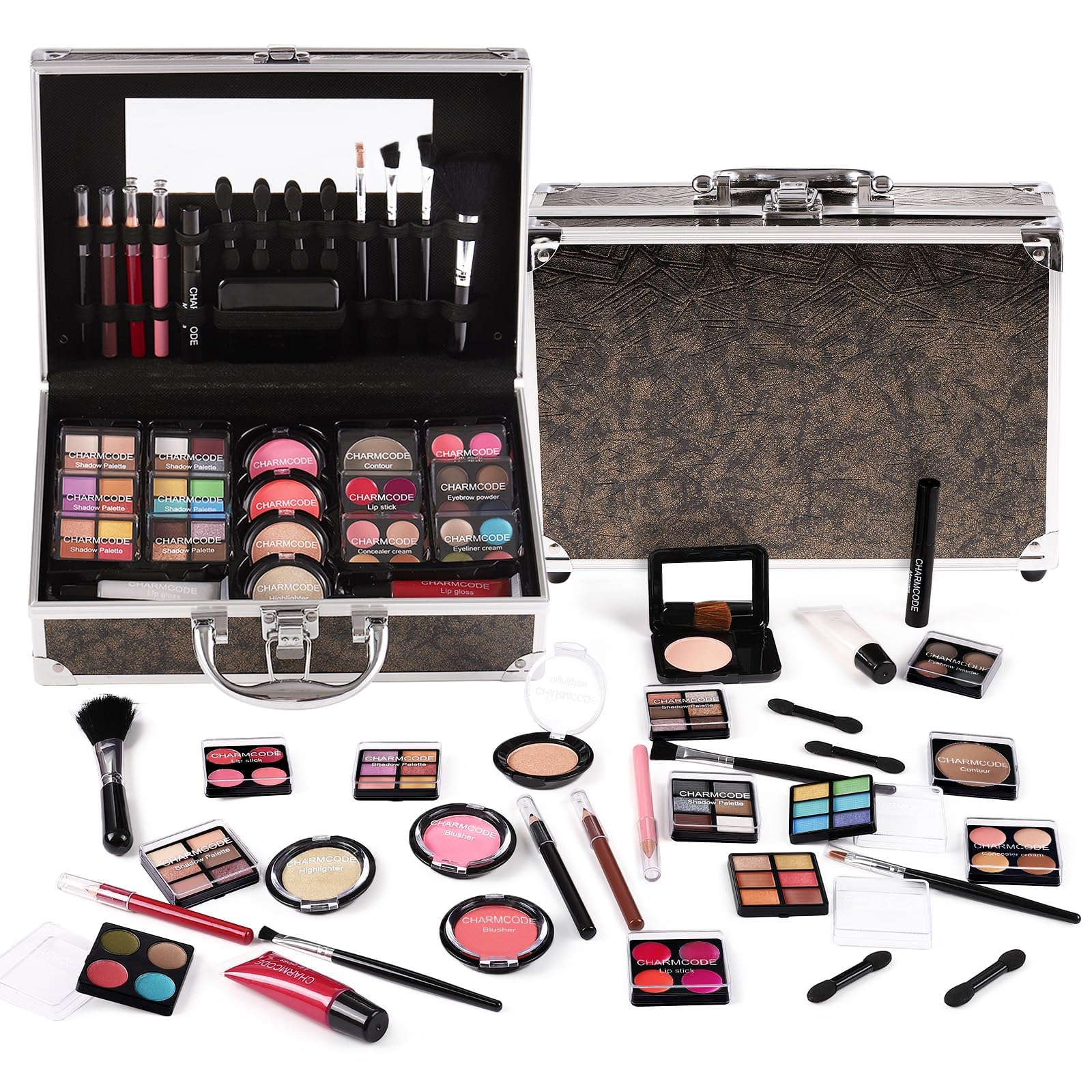 CHARMCODE makeup kit train case closed showcases portable travel storage and organized beauty essentials.