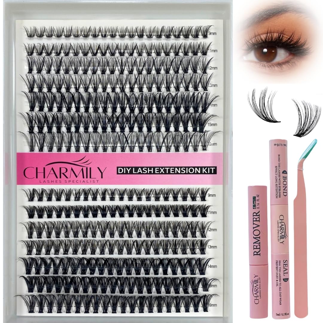 Charmily DIY lash clusters kit contents showing 280 mixed clusters for customizable looks