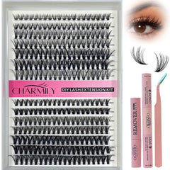 Charmily DIY lash clusters kit contents showing 280 mixed clusters for customizable looks