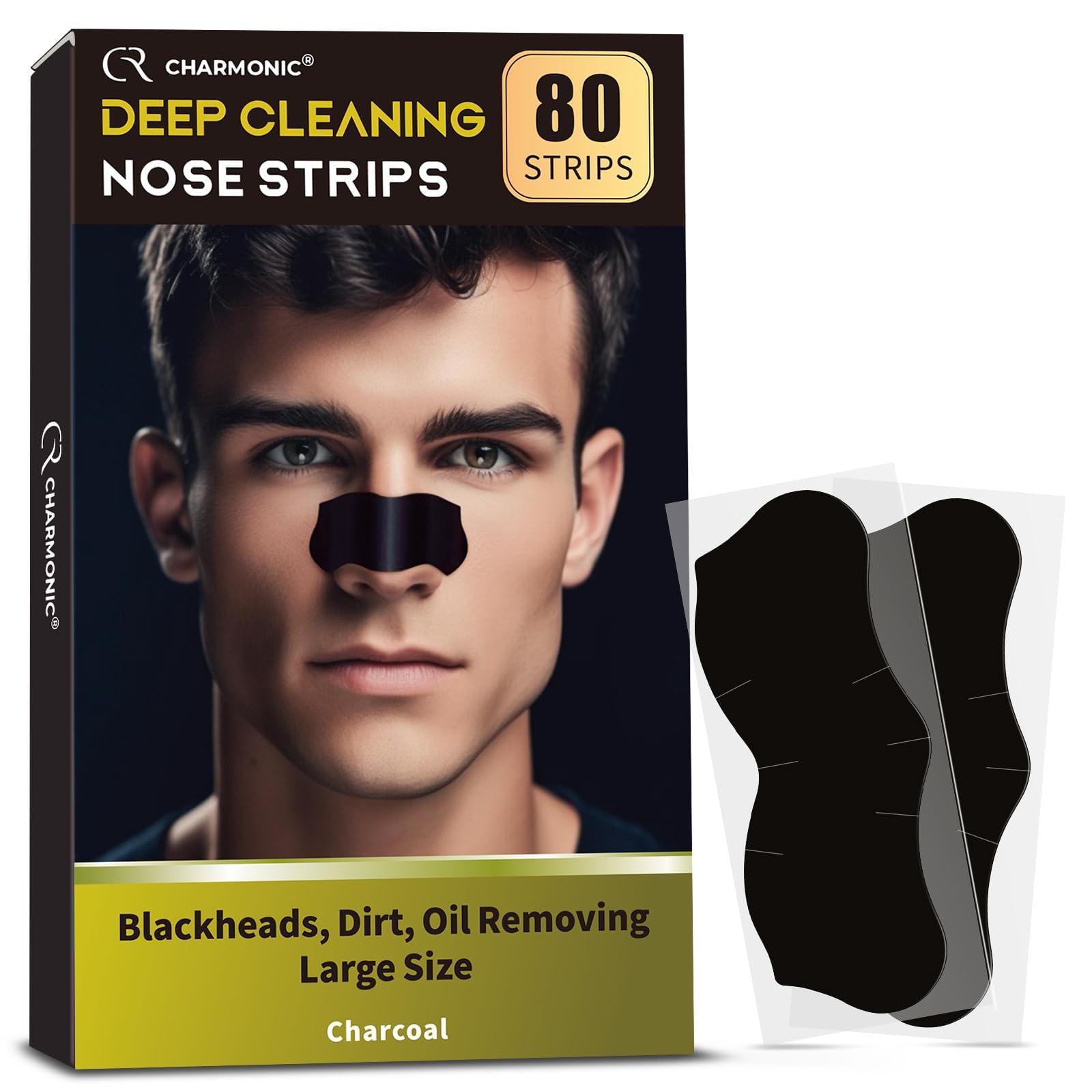 Charmonic blackhead strip on nose shows cleaner pores and smoother skin.