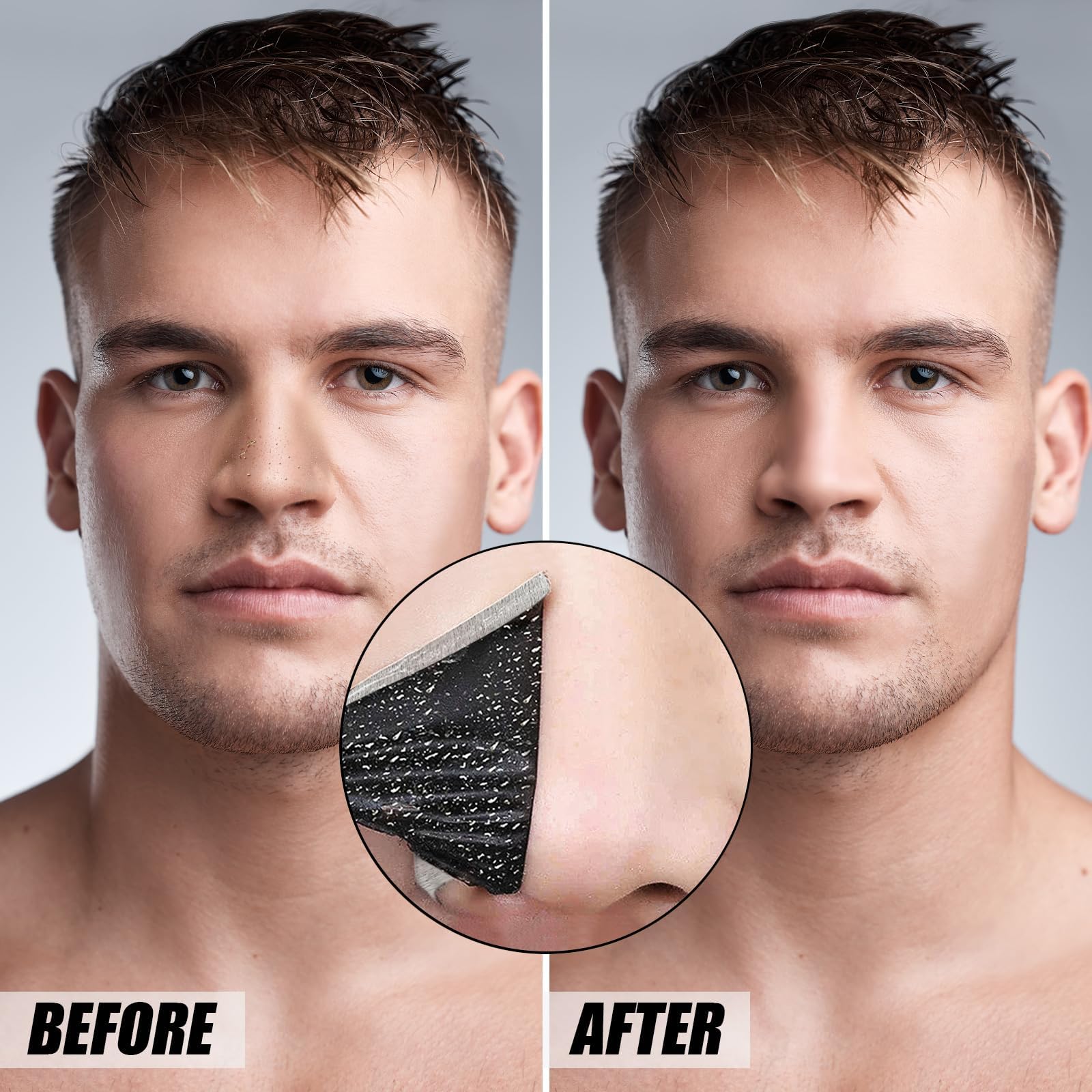 Charmonic charcoal nose strip application showing easy, mess-free pore cleansing.