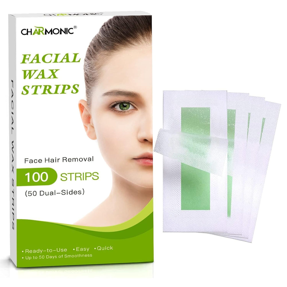 Charmonic facial wax strips box closeup highlighting at-home waxing convenience