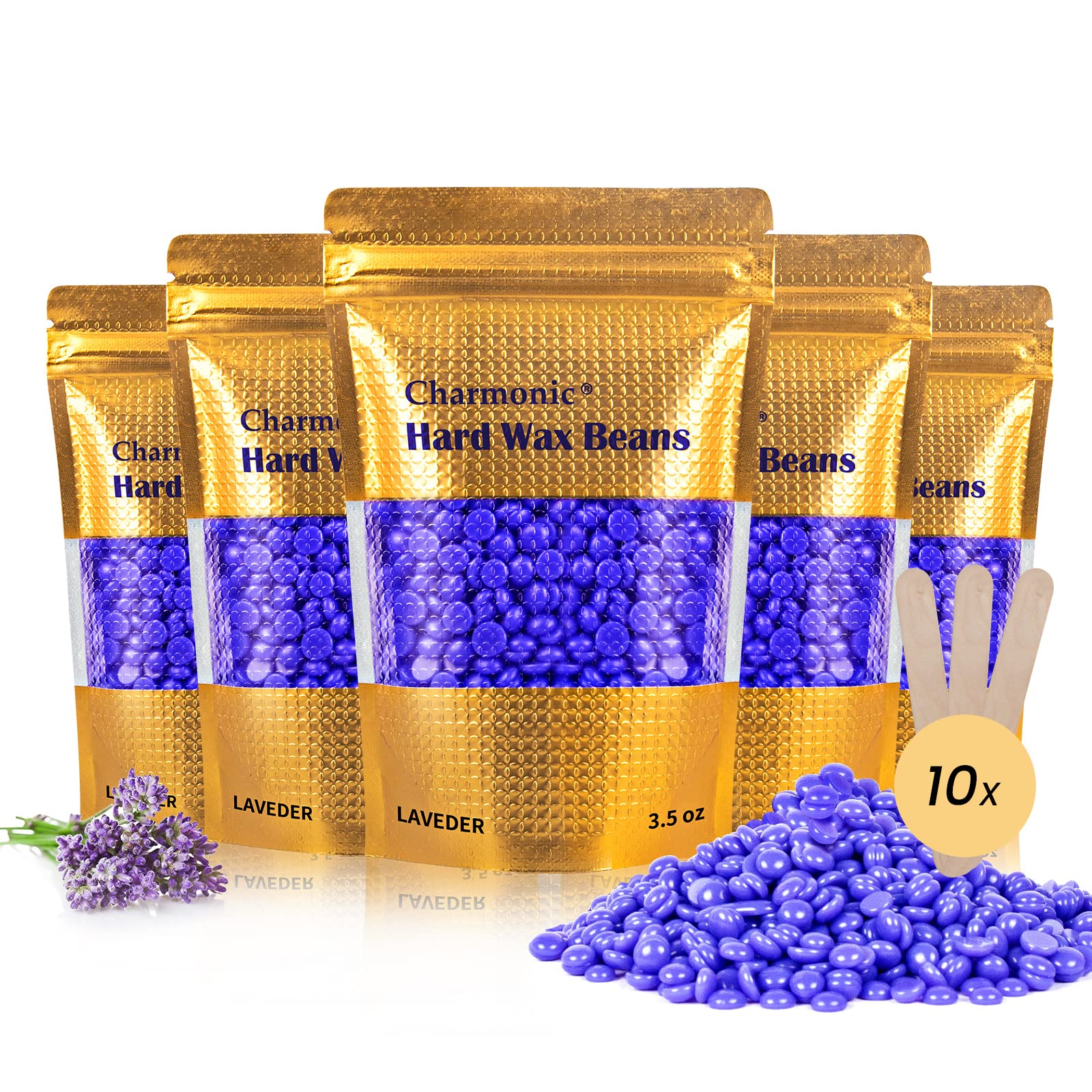 Charmonic hard wax beads with lavender jar shown, offering salon-grade depilation at home.