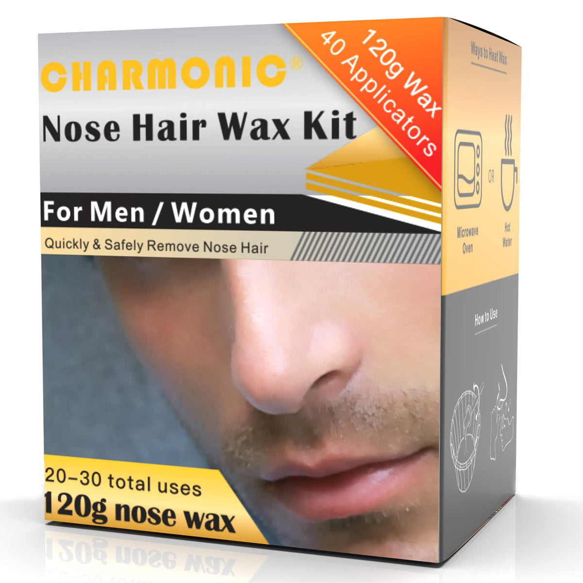 Charmonic nose wax kit packaging highlights 120g wax and 20 uses for longevity.