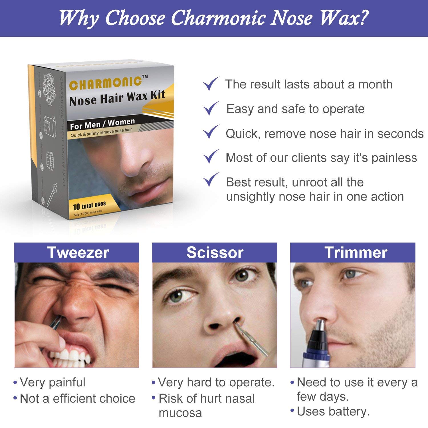 Charmonic Nose Wax Kit wax tub highlights natural, unscented formula for safe nostril hair removal.