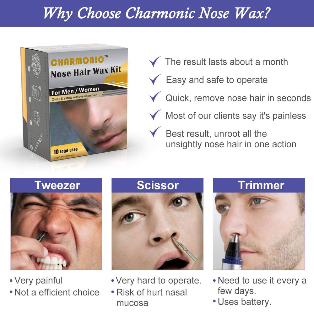 Charmonic Nose Wax Kit wax tub highlights natural, unscented formula for safe nostril hair removal.