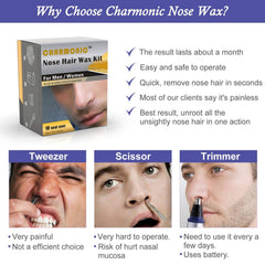 Charmonic Nose Wax Kit wax tub highlights natural, unscented formula for safe nostril hair removal.